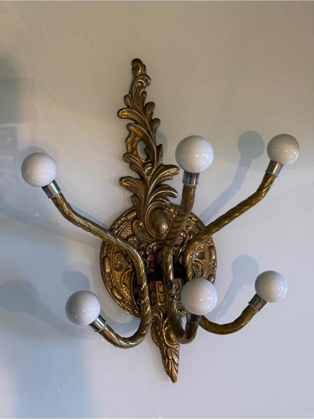 Vintage Brass Wall Hook Rack with White Ceramic Knobs - Picture 3 of 10